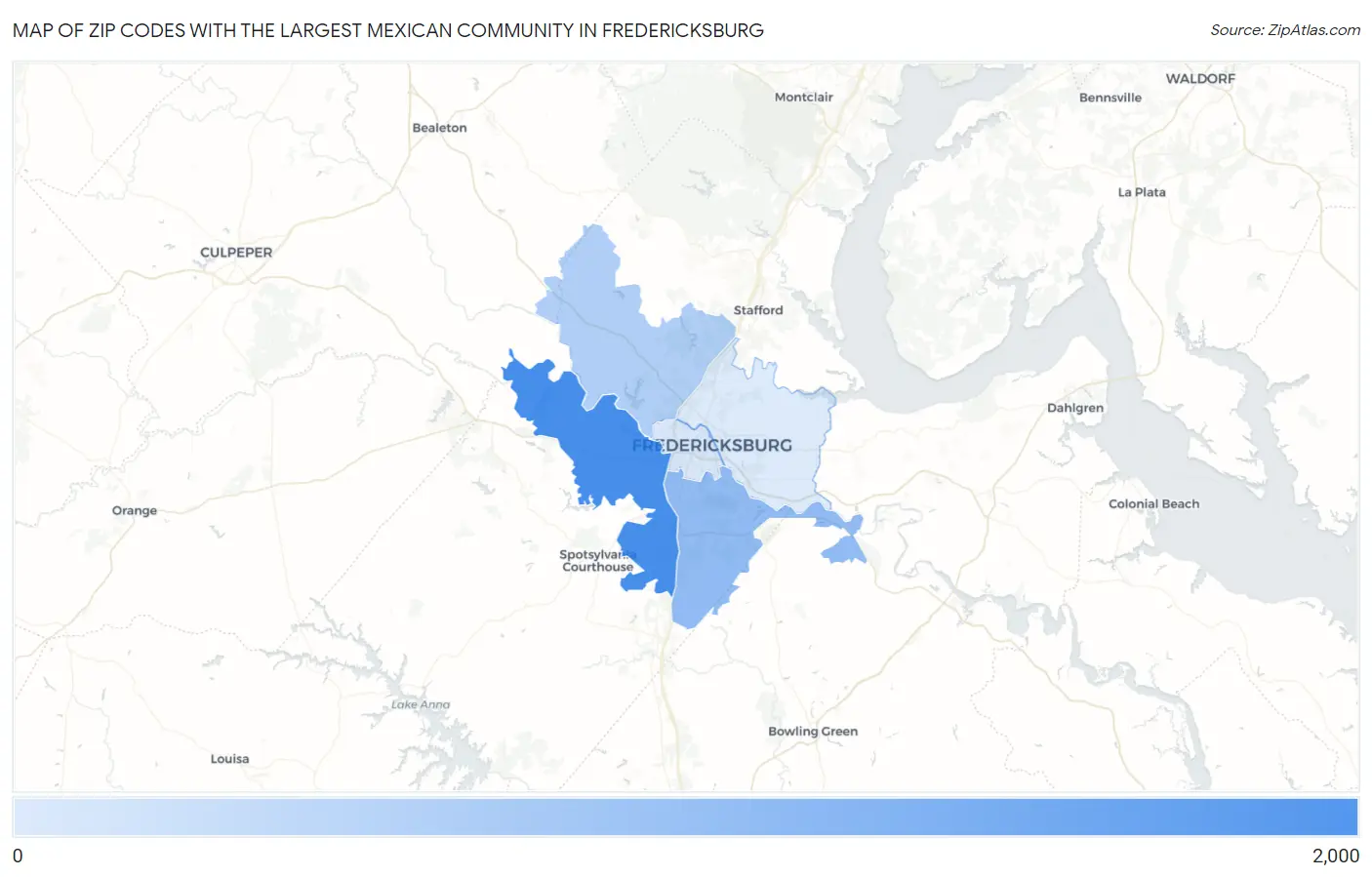 Zip Codes with the Largest Mexican Community in Fredericksburg Map
