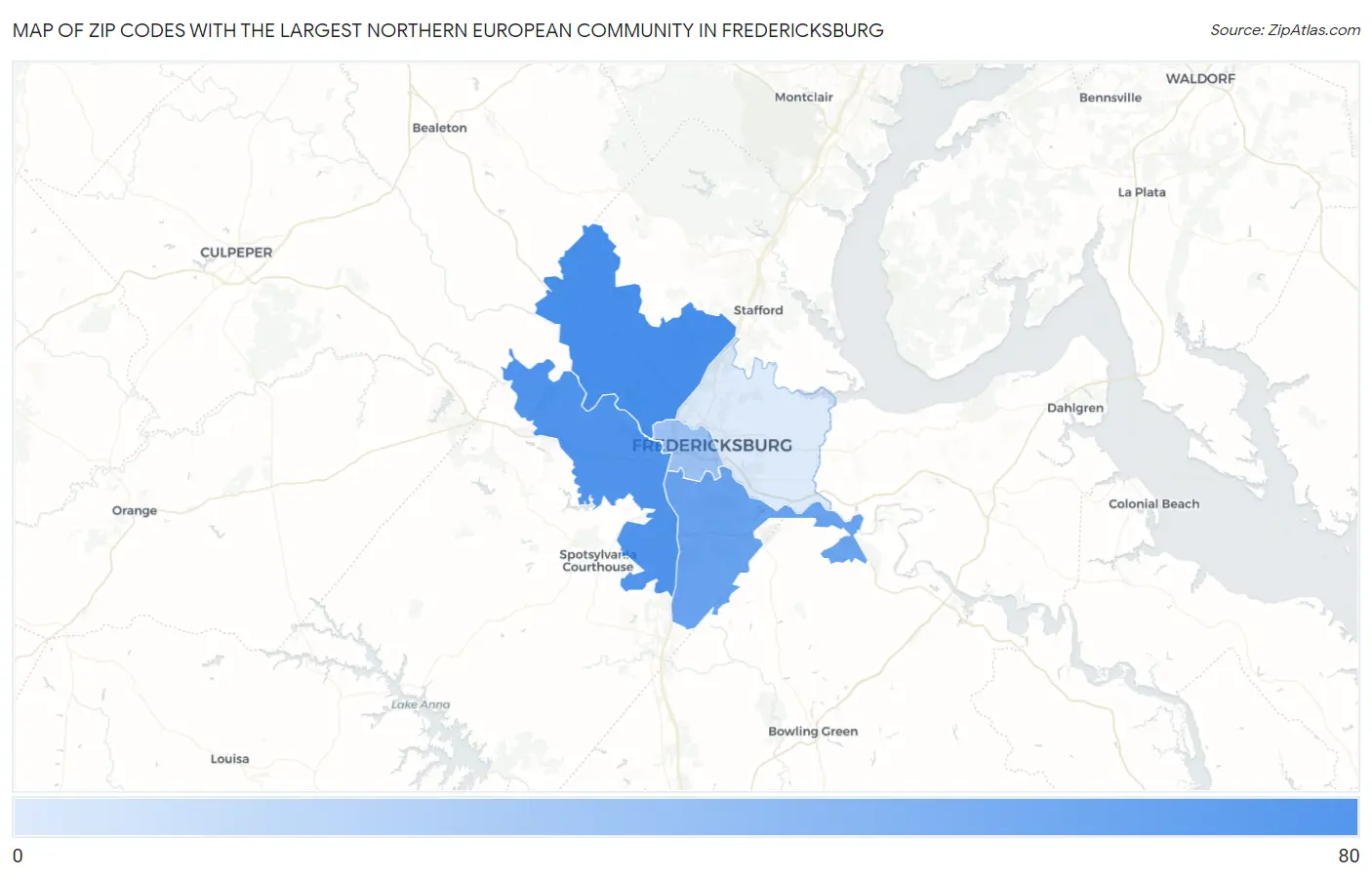 Zip Codes with the Largest Northern European Community in Fredericksburg Map