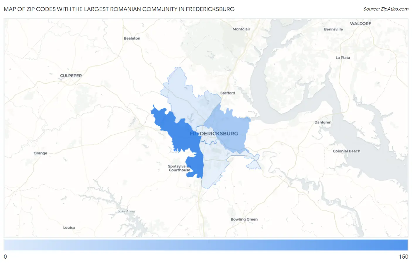Zip Codes with the Largest Romanian Community in Fredericksburg Map