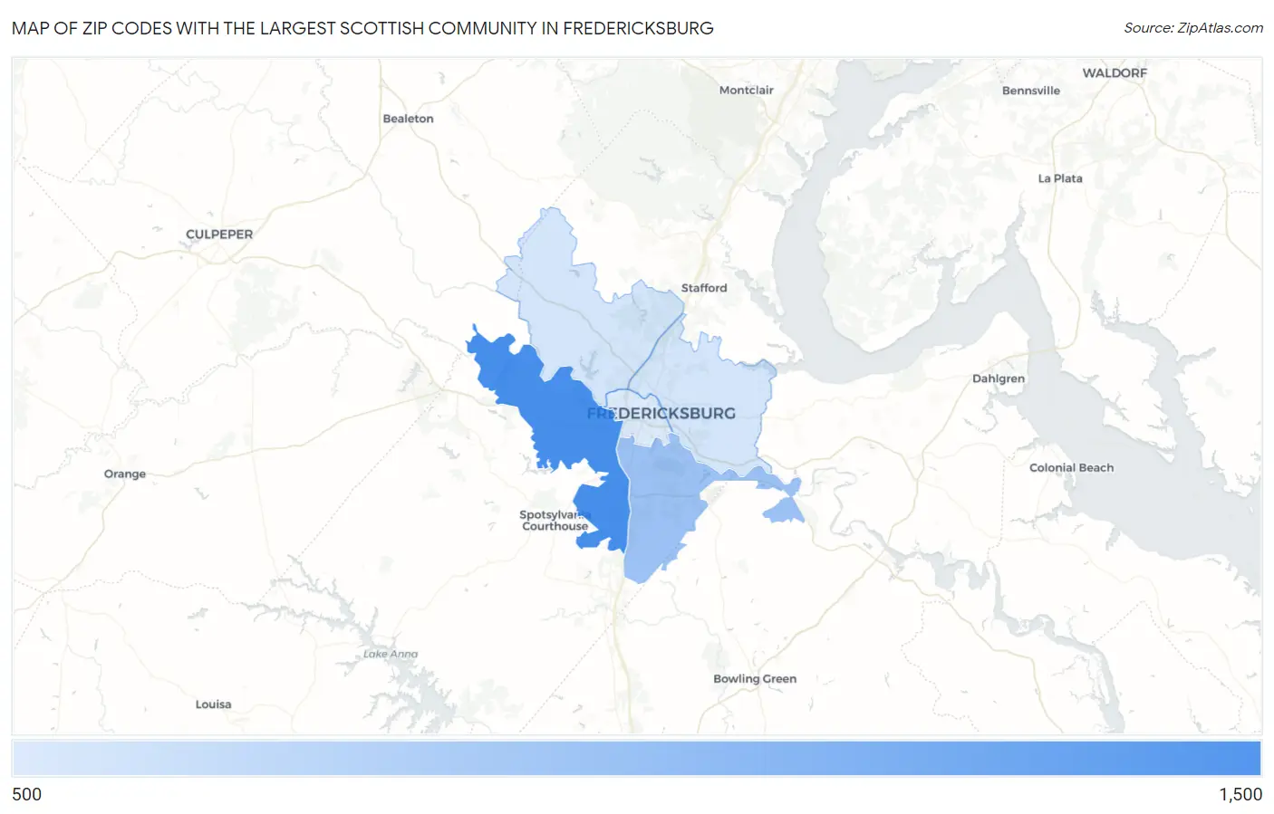 Zip Codes with the Largest Scottish Community in Fredericksburg Map