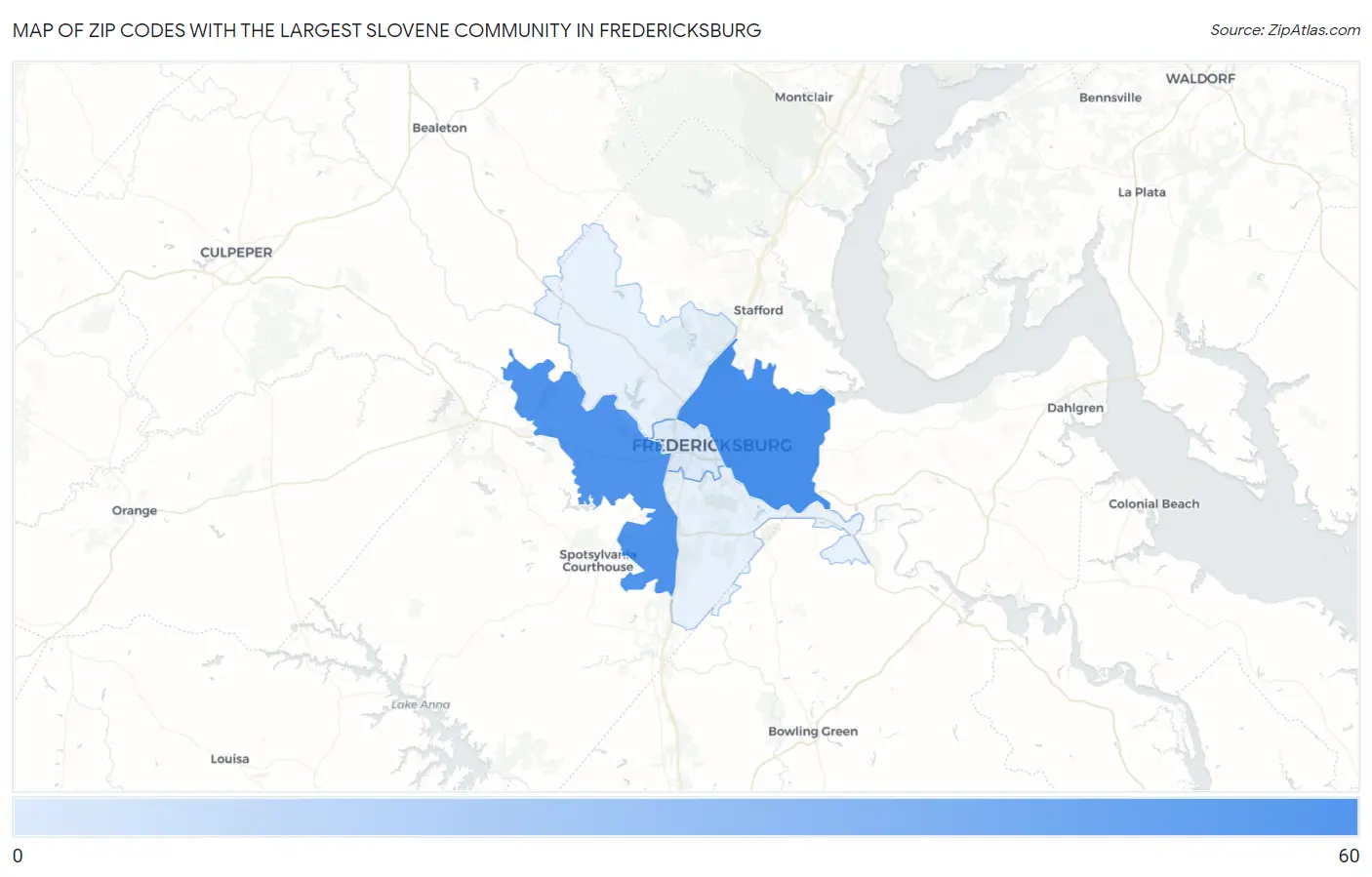 Zip Codes with the Largest Slovene Community in Fredericksburg Map