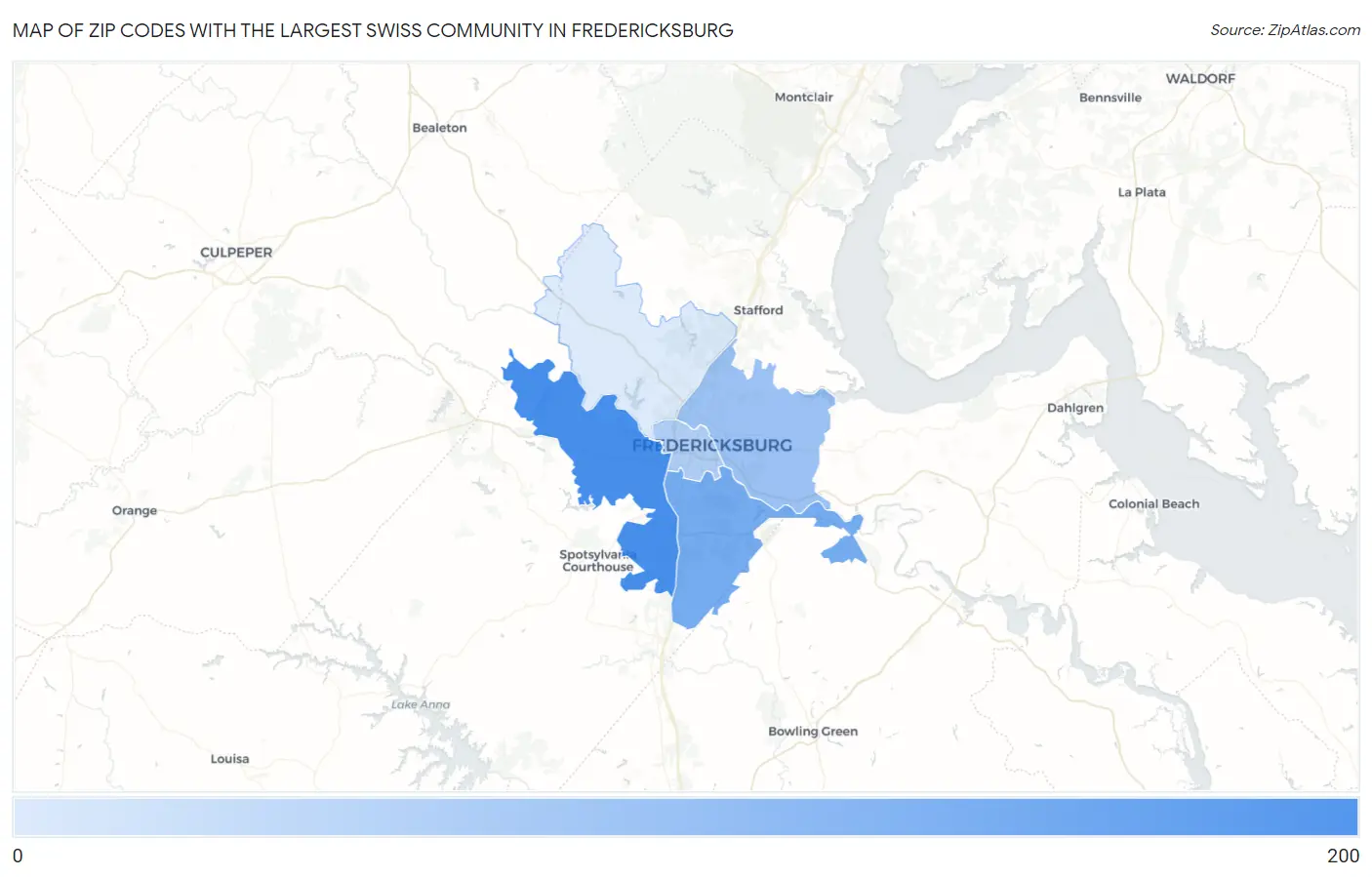 Zip Codes with the Largest Swiss Community in Fredericksburg Map