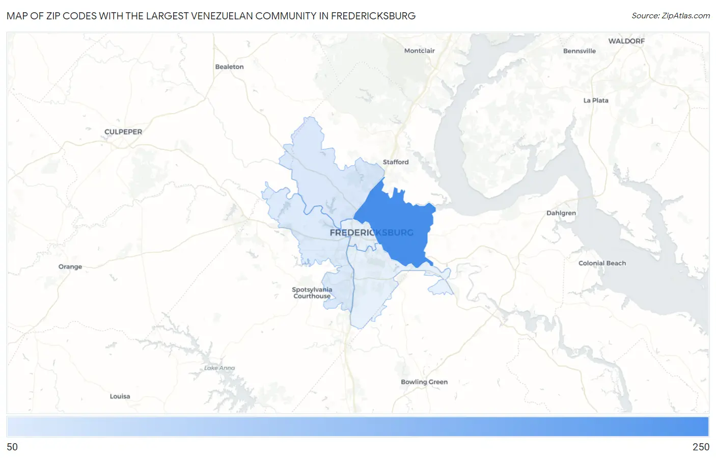 Zip Codes with the Largest Venezuelan Community in Fredericksburg Map