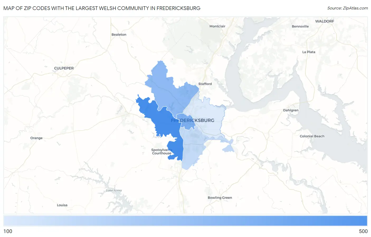 Zip Codes with the Largest Welsh Community in Fredericksburg Map