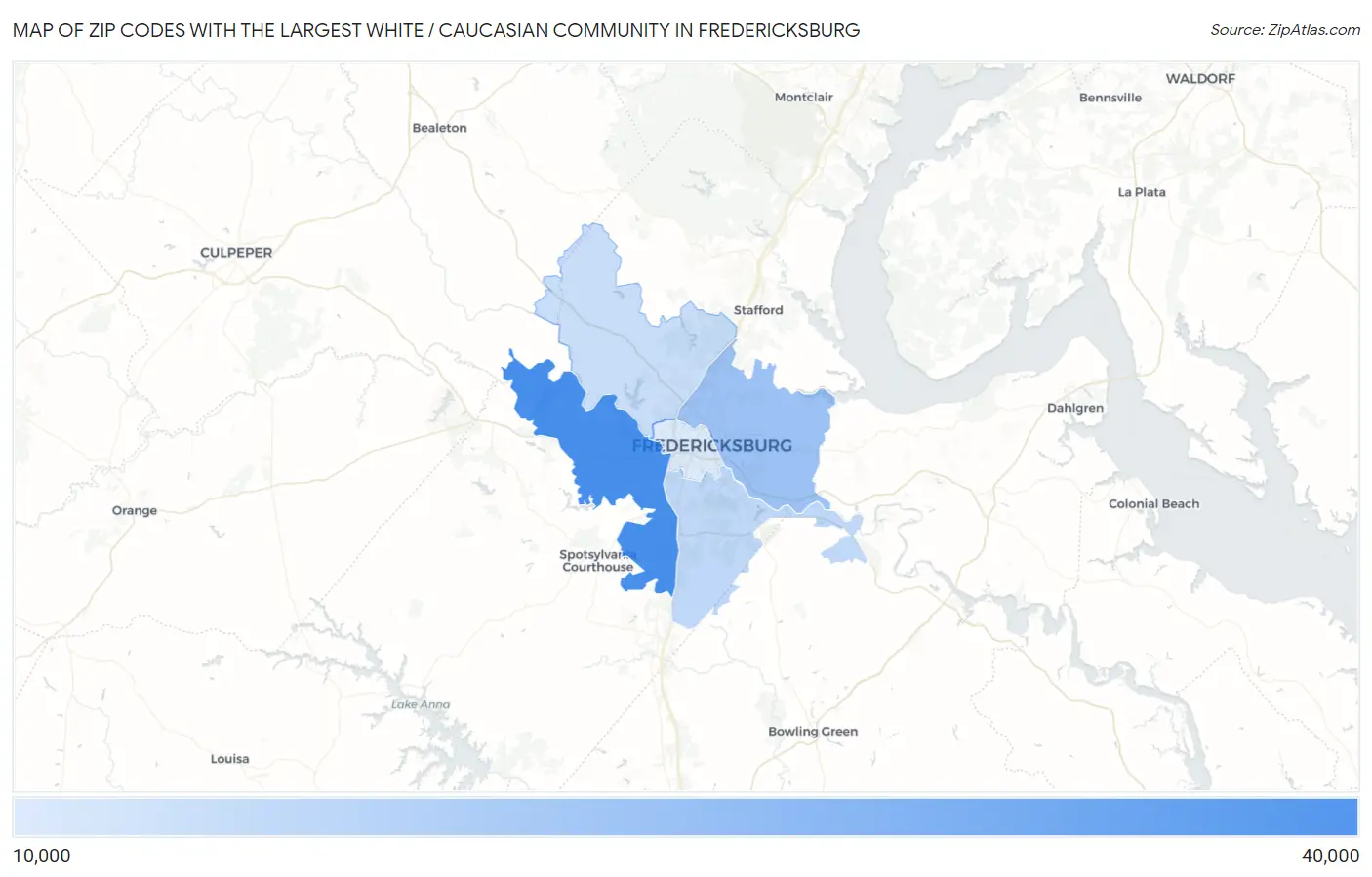 Zip Codes with the Largest White / Caucasian Community in Fredericksburg Map