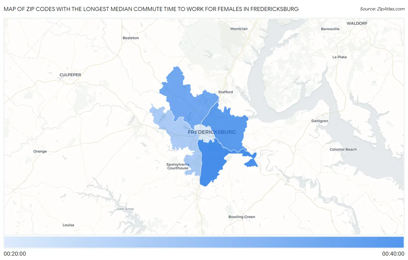 Zip Codes with the Longest Median Commute Time to Work for Females in Fredericksburg Map