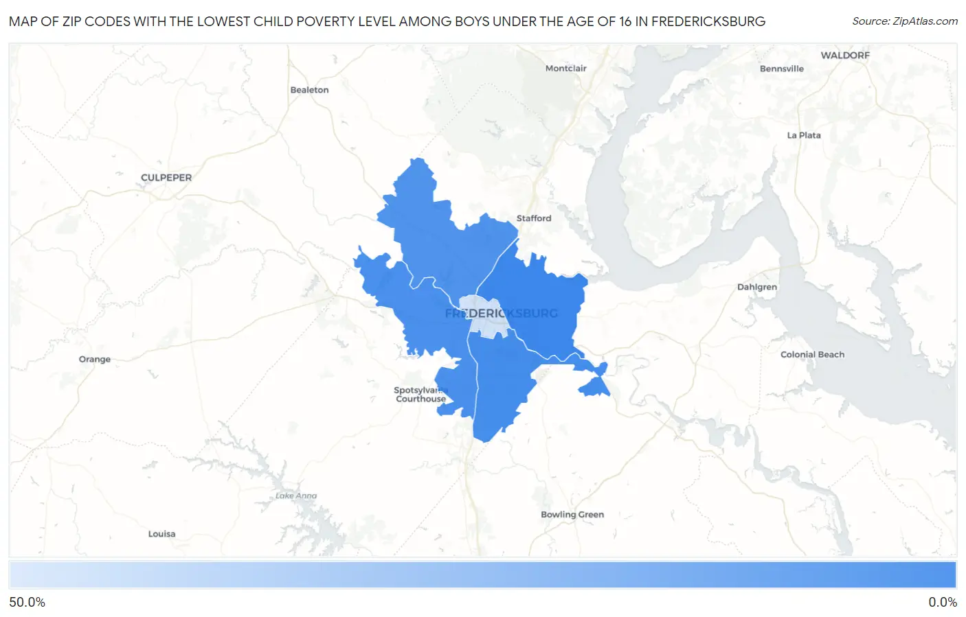 Zip Codes with the Lowest Child Poverty Level Among Boys Under the Age of 16 in Fredericksburg Map