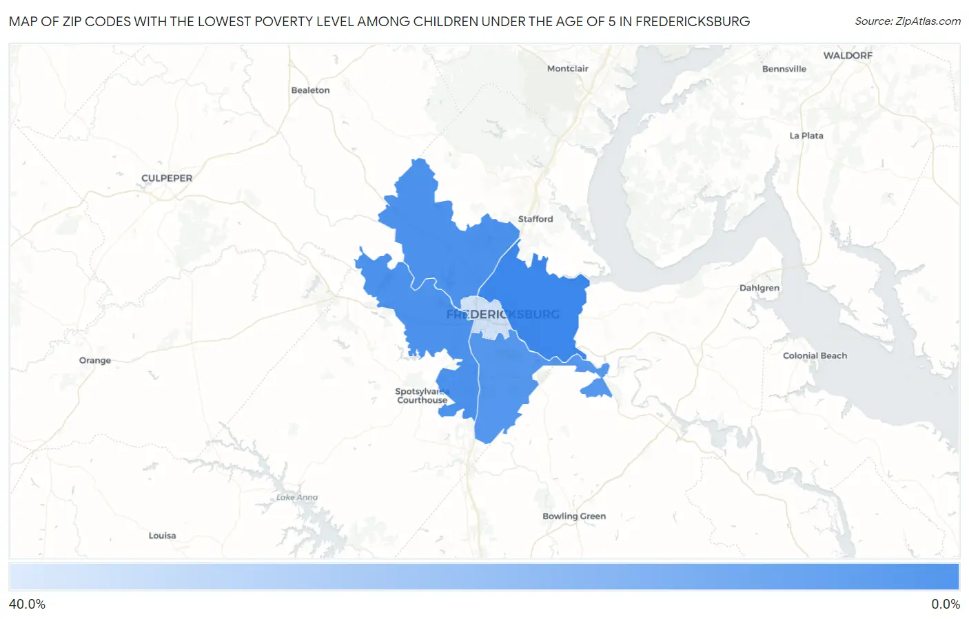 Zip Codes with the Lowest Poverty Level Among Children Under the Age of 5 in Fredericksburg Map