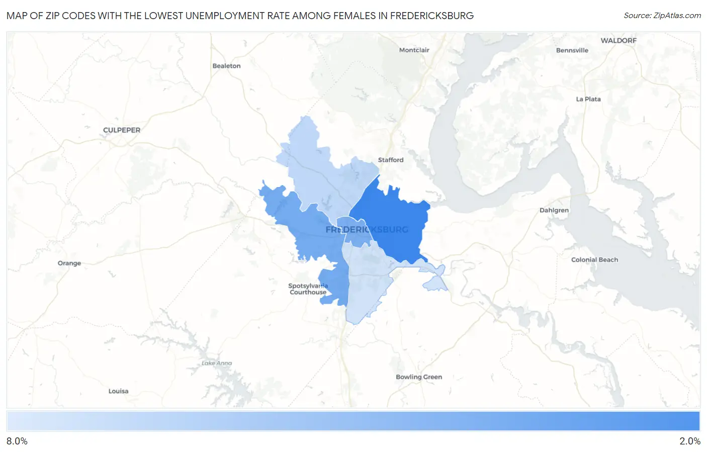 Zip Codes with the Lowest Unemployment Rate Among Females in Fredericksburg Map