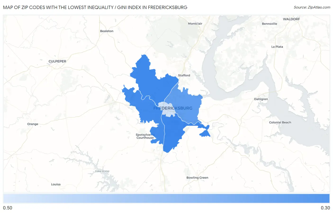 Zip Codes with the Lowest Inequality / Gini Index in Fredericksburg Map