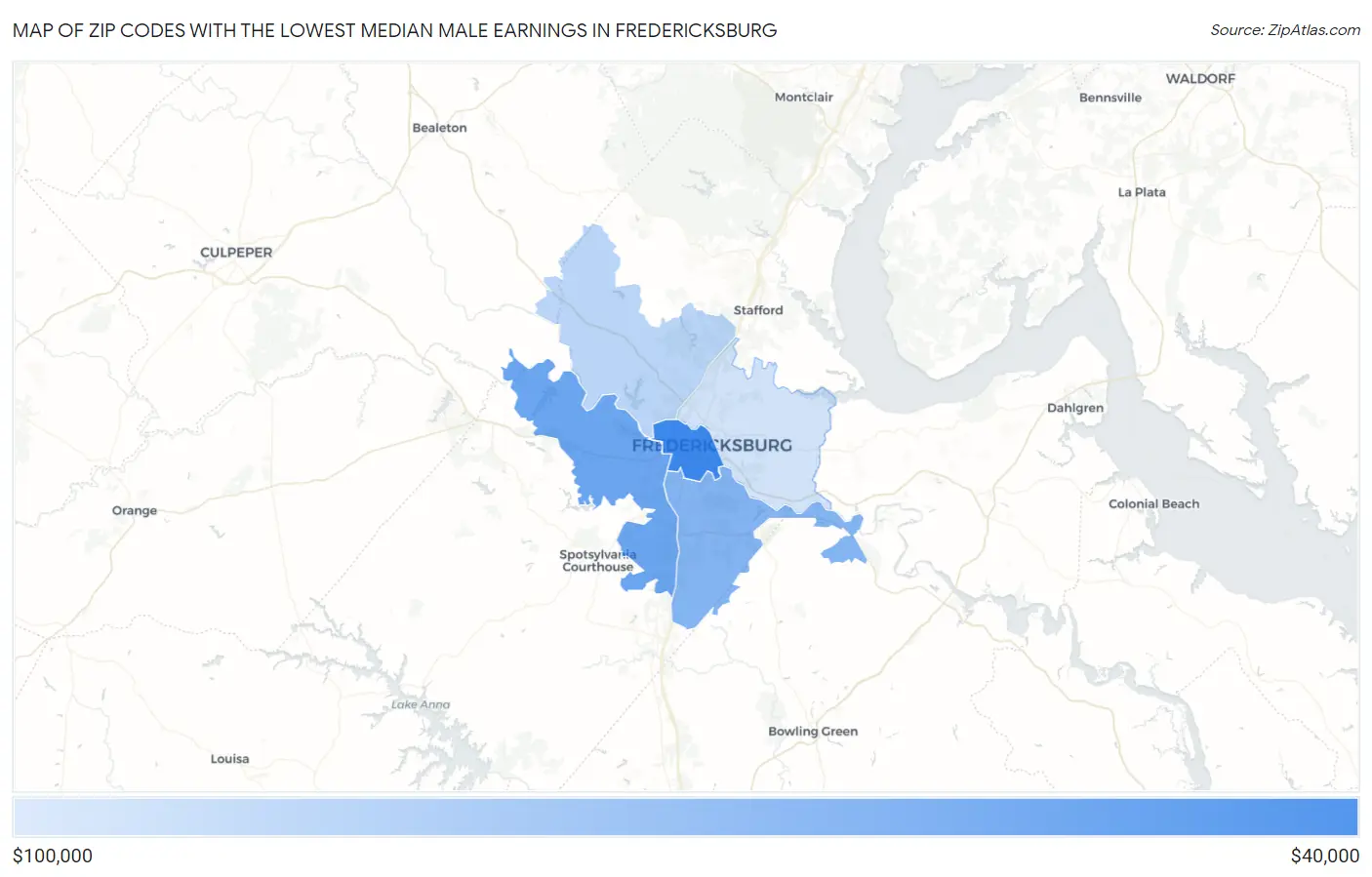 Zip Codes with the Lowest Median Male Earnings in Fredericksburg Map