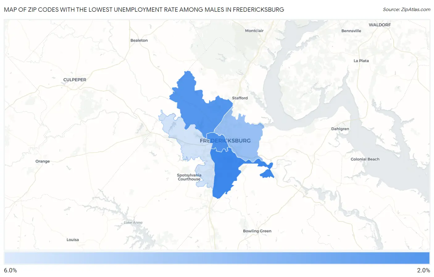 Zip Codes with the Lowest Unemployment Rate Among Males in Fredericksburg Map