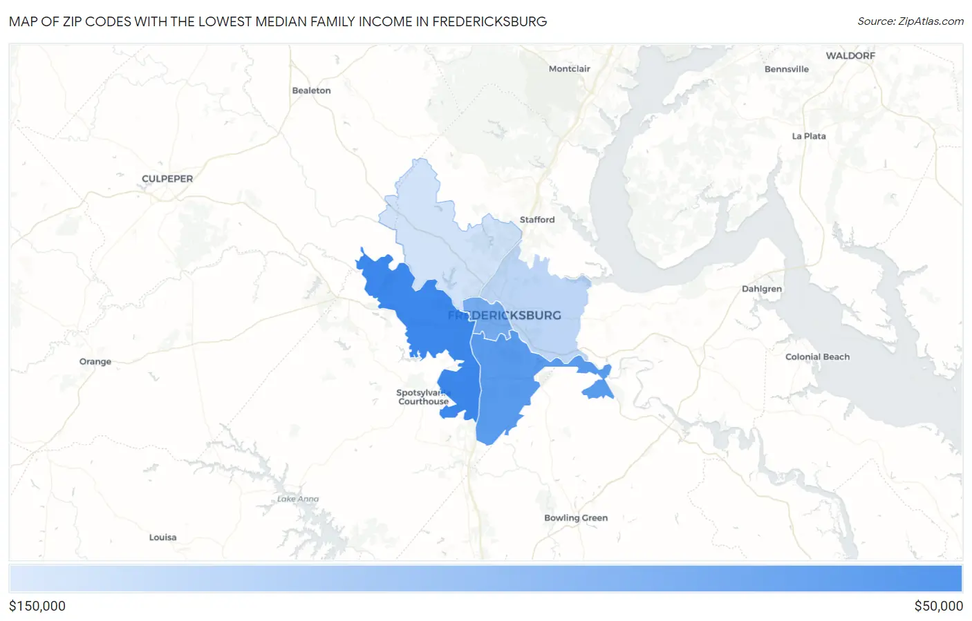 Zip Codes with the Lowest Median Family Income in Fredericksburg Map