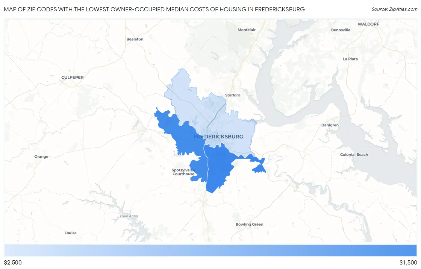 Zip Codes with the Lowest Owner-Occupied Median Costs of Housing in Fredericksburg Map