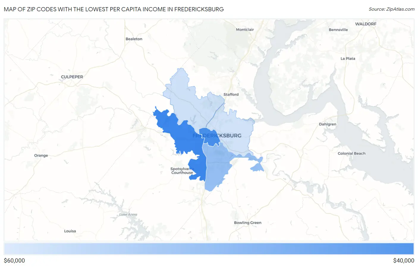 Zip Codes with the Lowest Per Capita Income in Fredericksburg Map