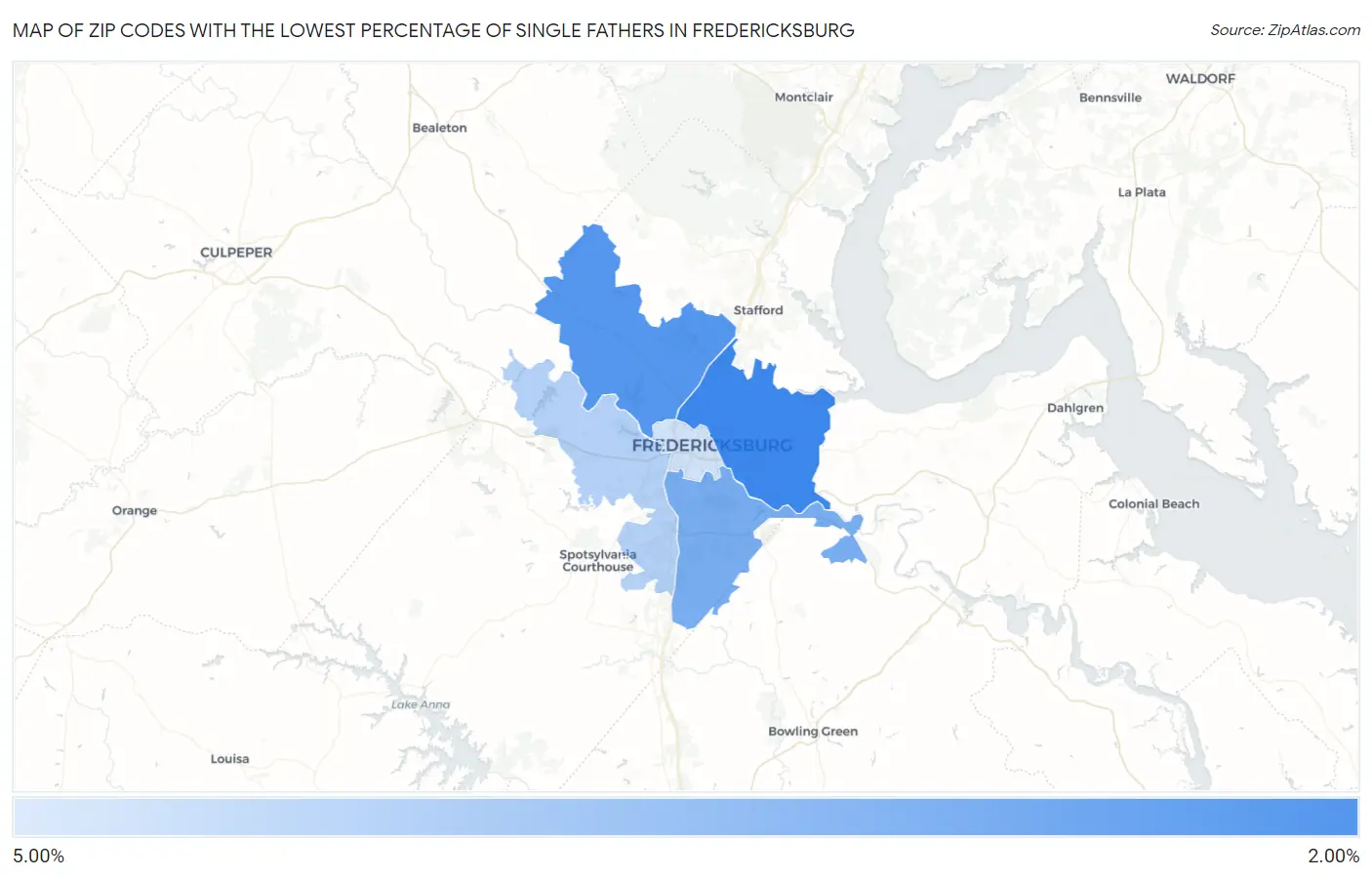 Zip Codes with the Lowest Percentage of Single Fathers in Fredericksburg Map