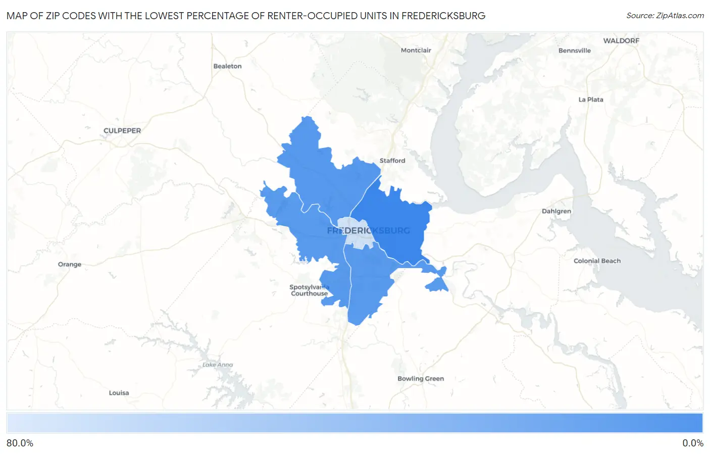Zip Codes with the Lowest Percentage of Renter-Occupied Units in Fredericksburg Map