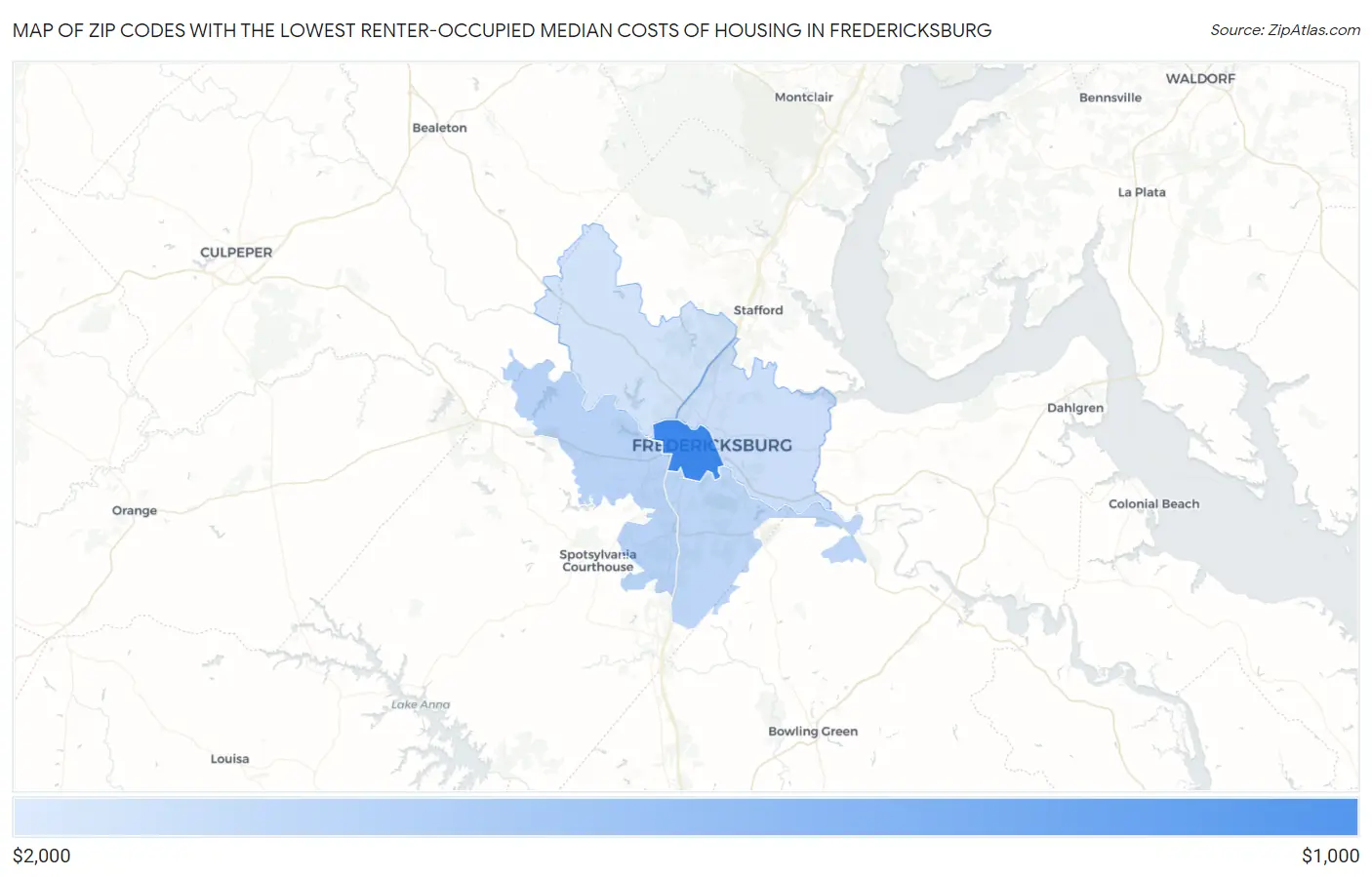 Zip Codes with the Lowest Renter-Occupied Median Costs of Housing in Fredericksburg Map
