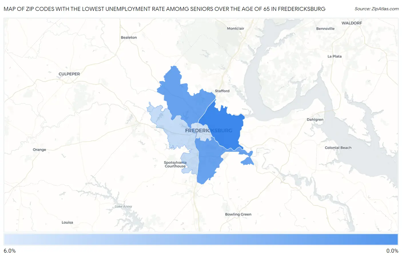 Zip Codes with the Lowest Unemployment Rate Amomg Seniors Over the Age of 65 in Fredericksburg Map