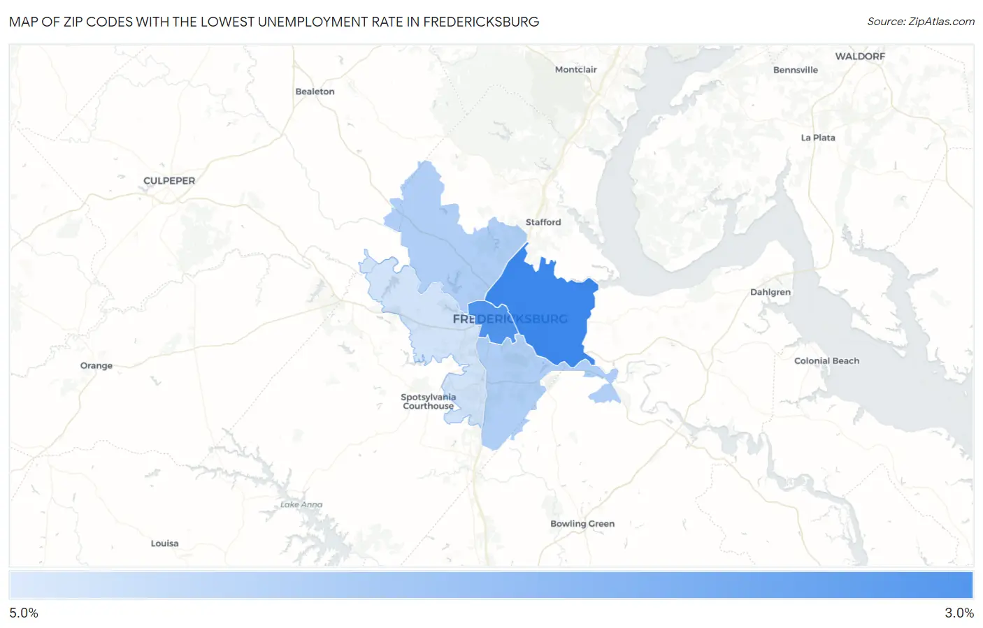 Zip Codes with the Lowest Unemployment Rate in Fredericksburg Map