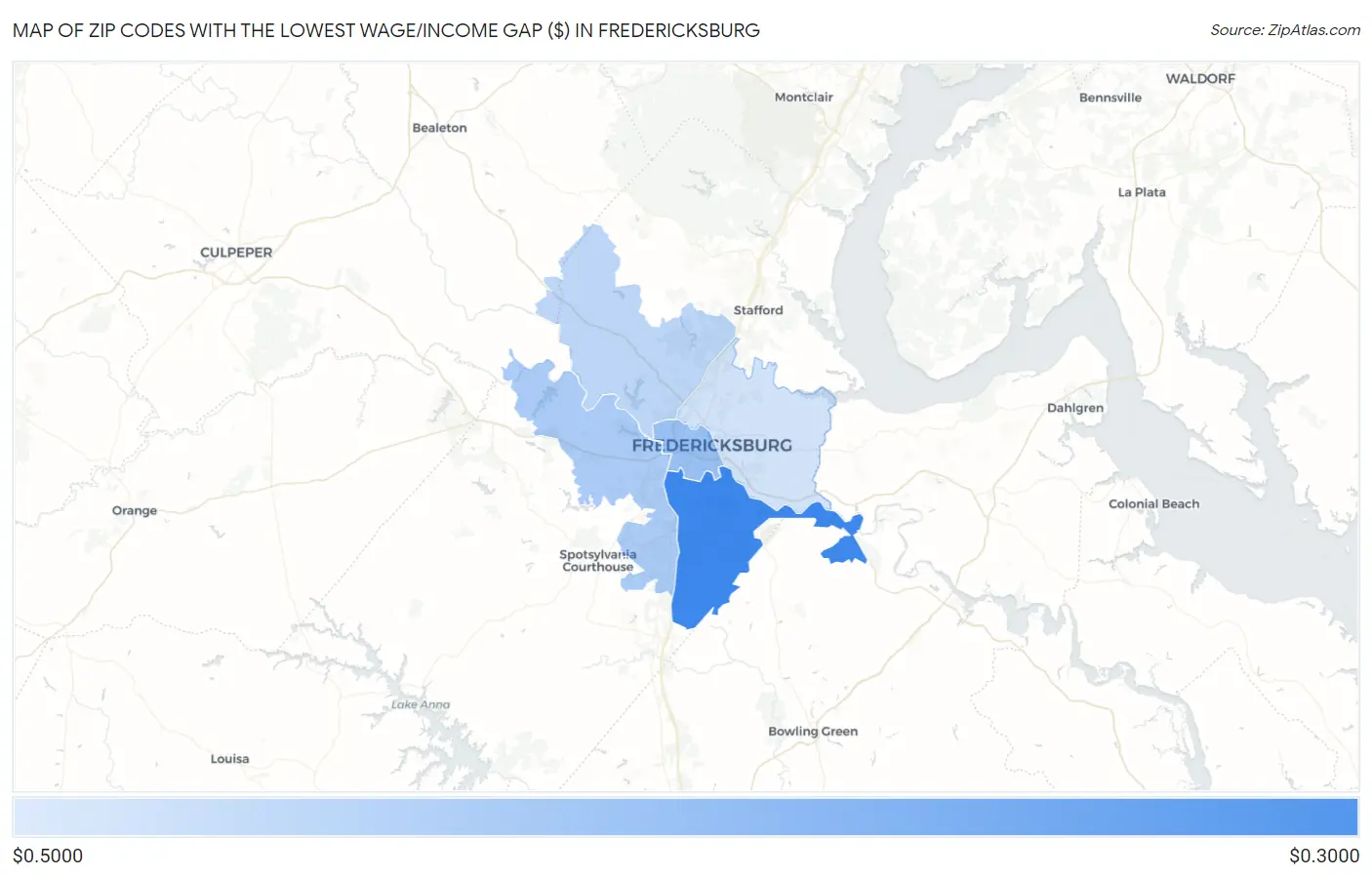 Zip Codes with the Lowest Wage/Income Gap ($) in Fredericksburg Map