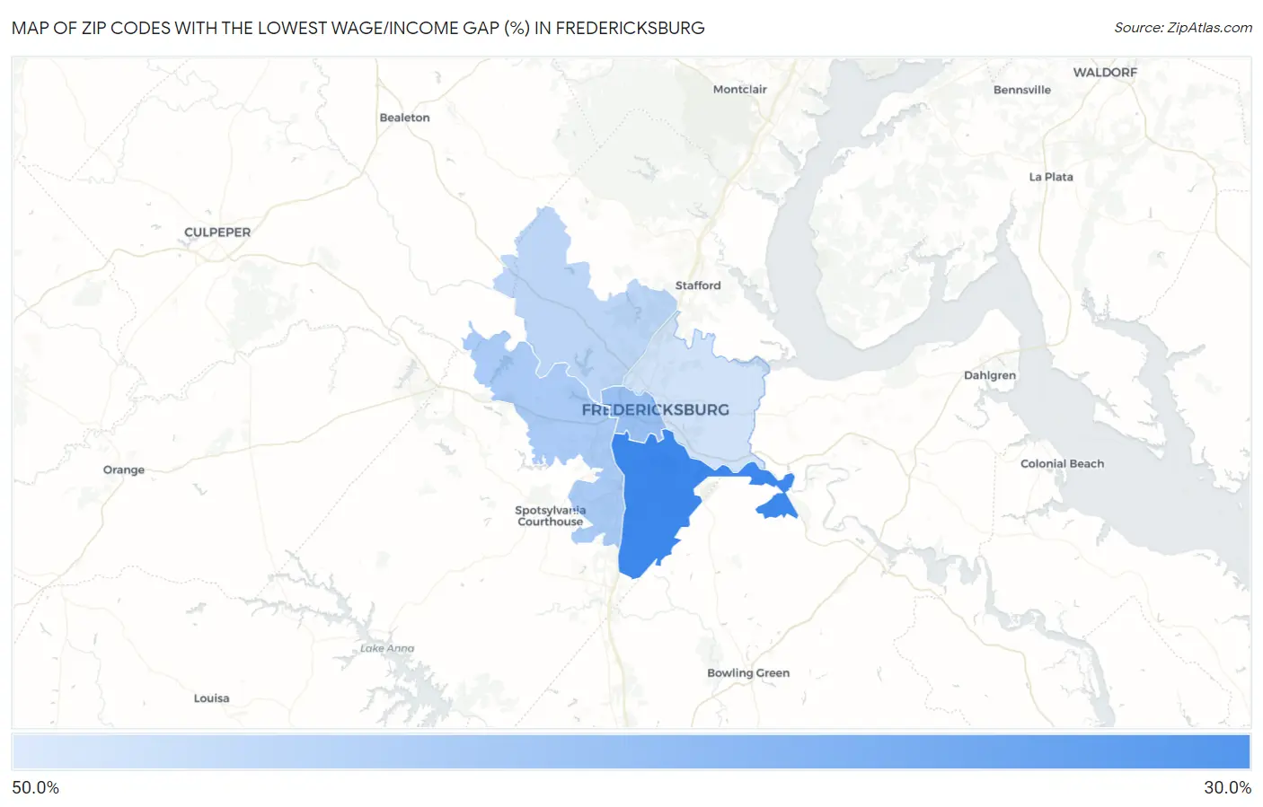 Zip Codes with the Lowest Wage/Income Gap (%) in Fredericksburg Map