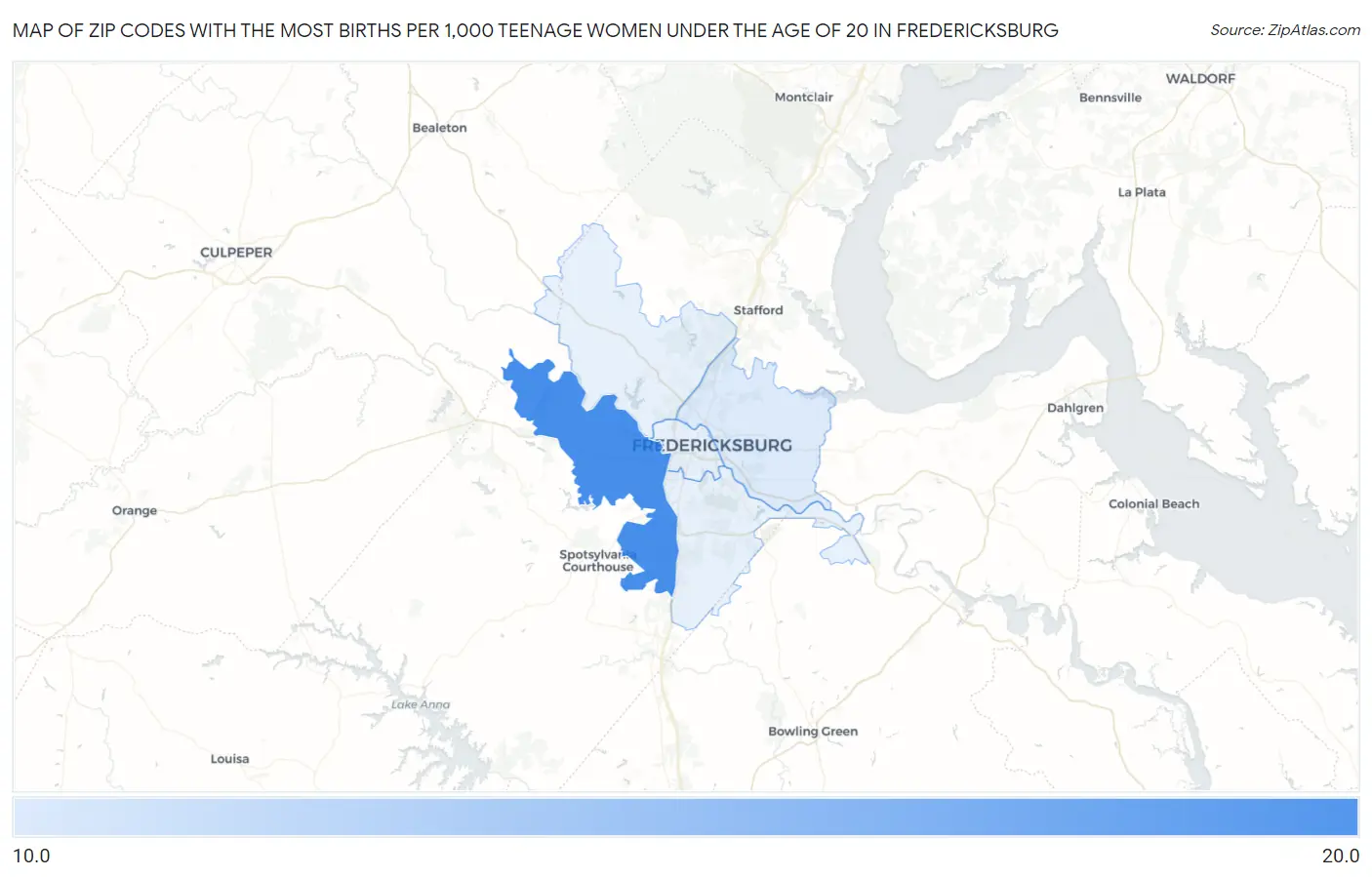 Zip Codes with the Most Births per 1,000 Teenage Women Under the Age of 20 in Fredericksburg Map