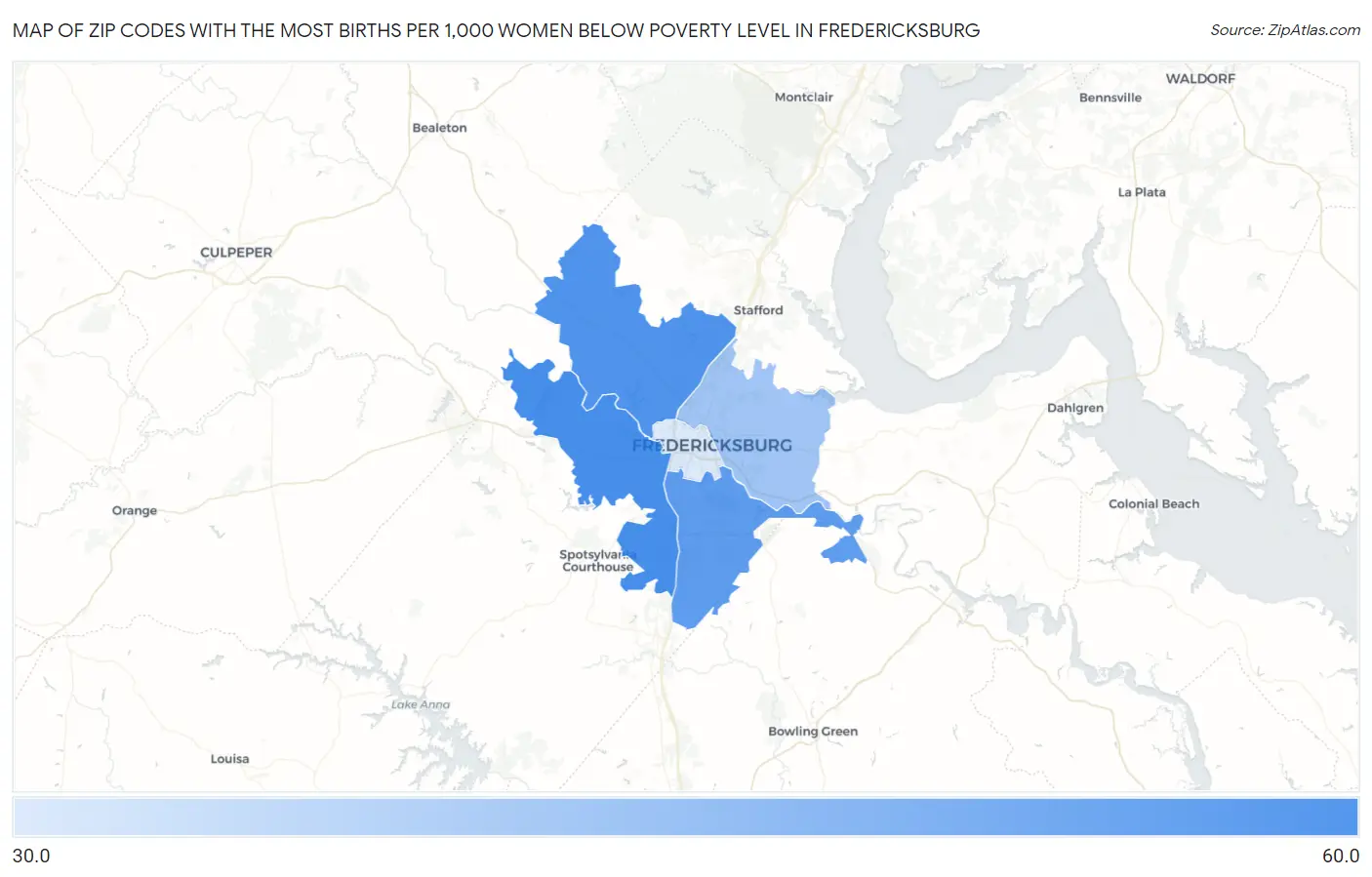 Zip Codes with the Most Births per 1,000 Women Below Poverty Level in Fredericksburg Map
