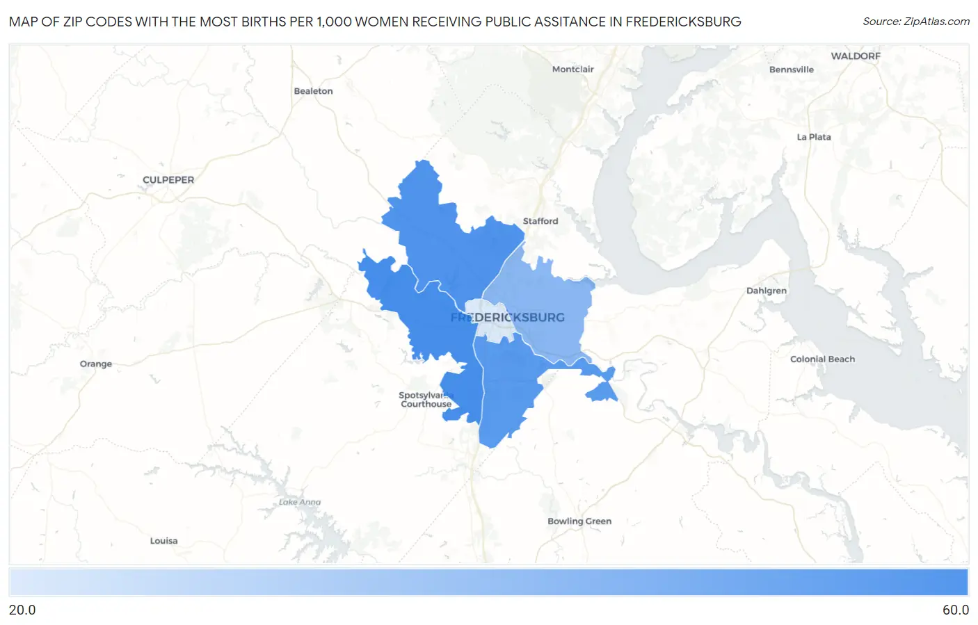 Zip Codes with the Most Births per 1,000 Women Receiving Public Assitance in Fredericksburg Map