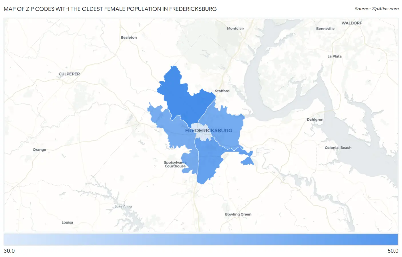 Zip Codes with the Oldest Female Population in Fredericksburg Map