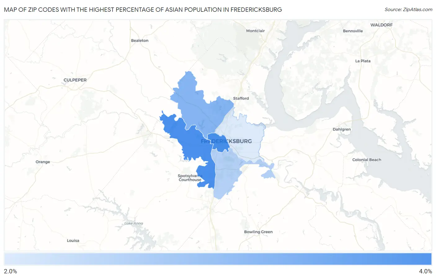 Zip Codes with the Highest Percentage of Asian Population in Fredericksburg Map