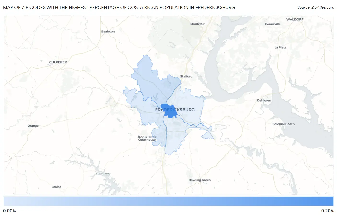 Zip Codes with the Highest Percentage of Costa Rican Population in Fredericksburg Map