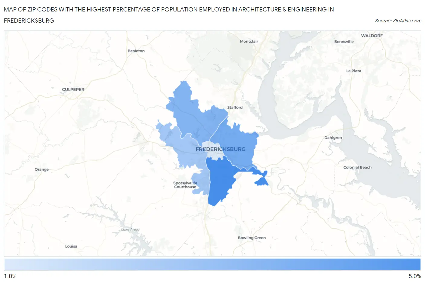 Zip Codes with the Highest Percentage of Population Employed in Architecture & Engineering in Fredericksburg Map