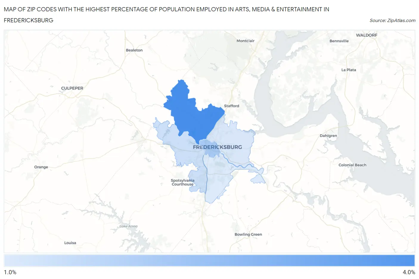 Zip Codes with the Highest Percentage of Population Employed in Arts, Media & Entertainment in Fredericksburg Map