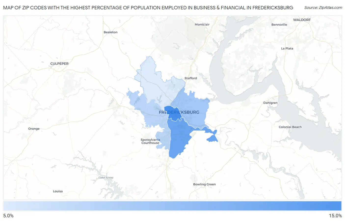 Zip Codes with the Highest Percentage of Population Employed in Business & Financial in Fredericksburg Map