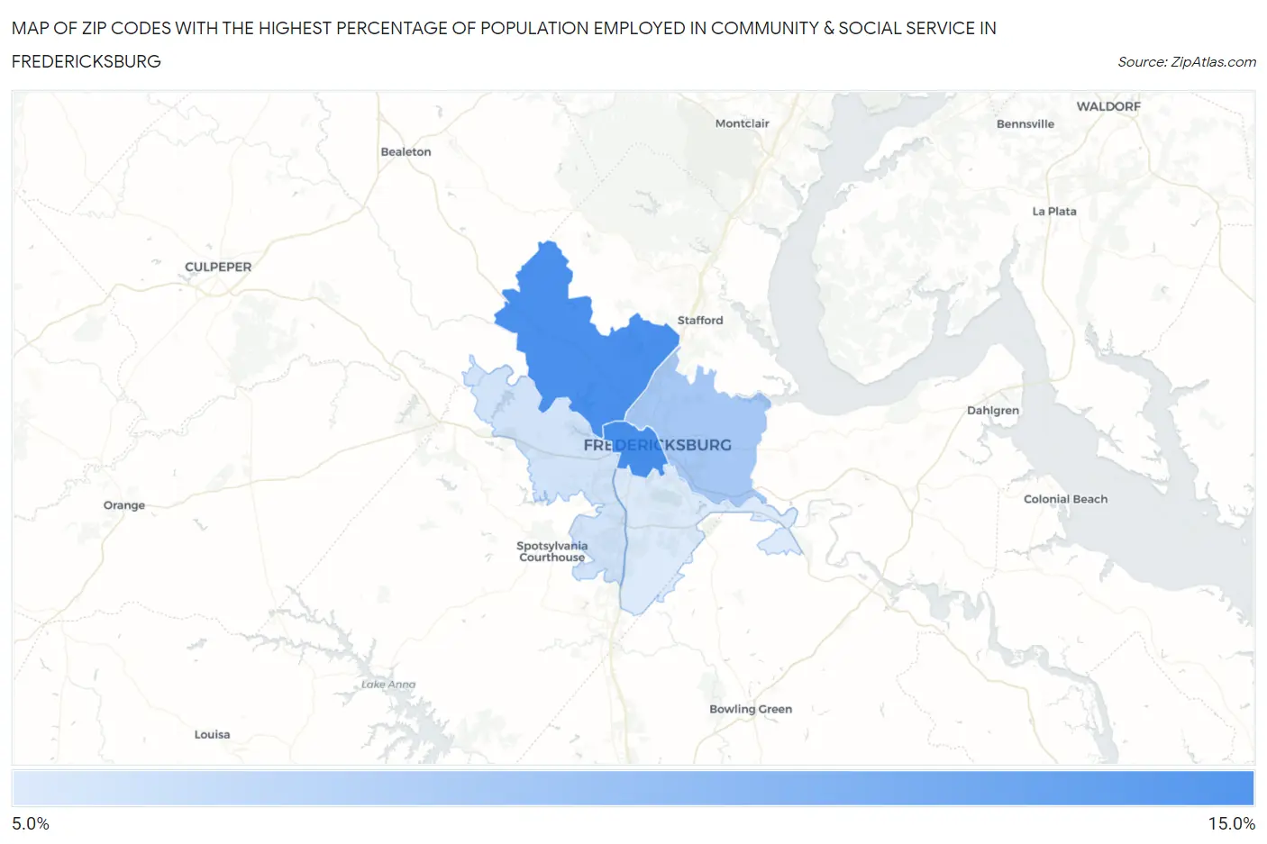 Zip Codes with the Highest Percentage of Population Employed in Community & Social Service  in Fredericksburg Map