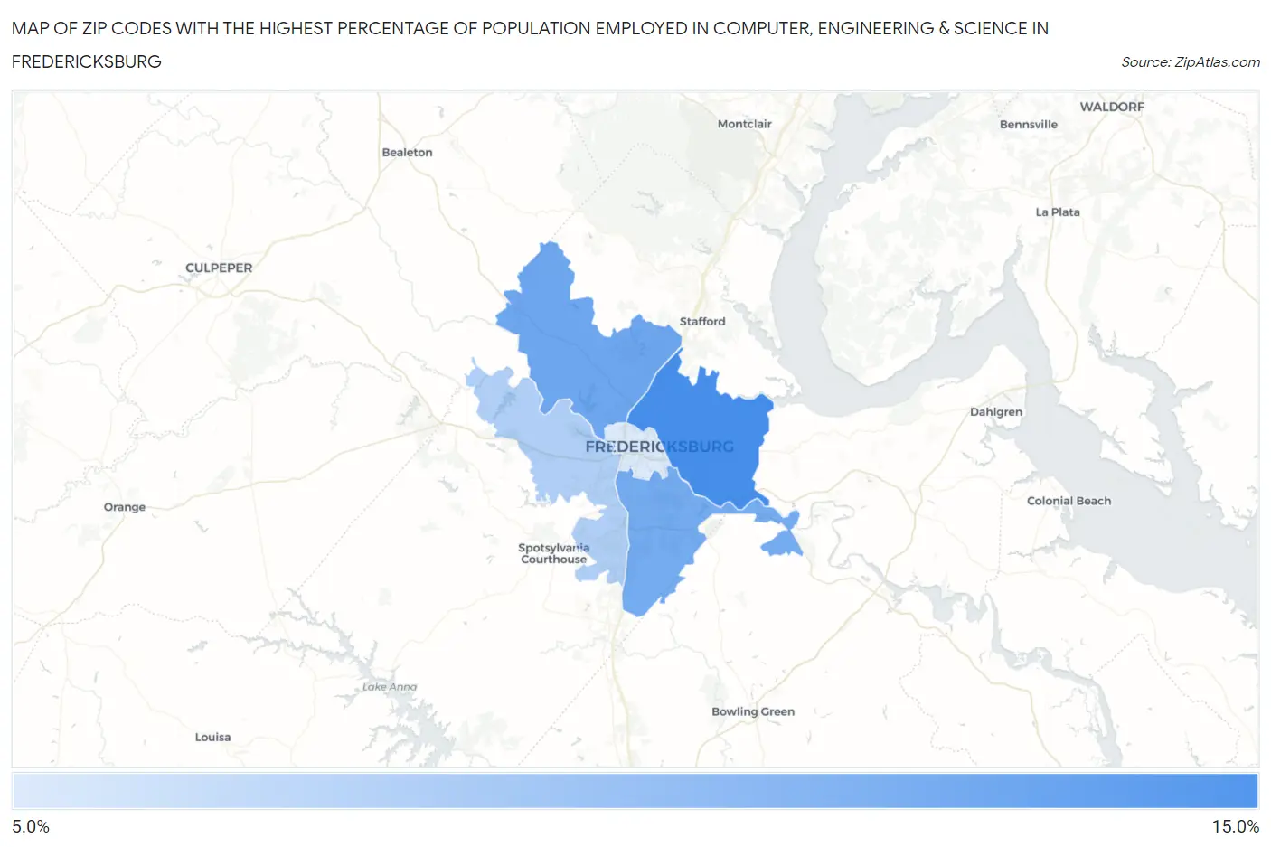 Zip Codes with the Highest Percentage of Population Employed in Computer, Engineering & Science in Fredericksburg Map