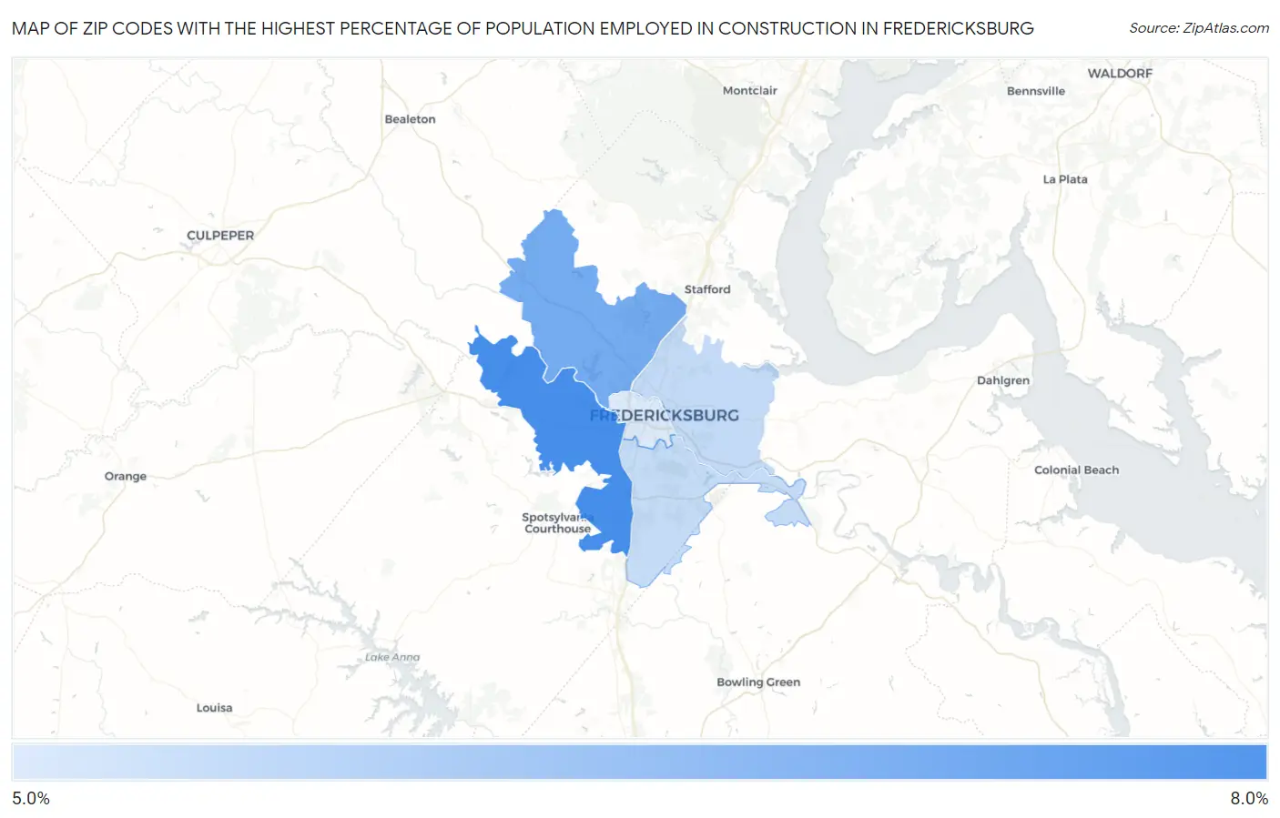 Zip Codes with the Highest Percentage of Population Employed in Construction in Fredericksburg Map