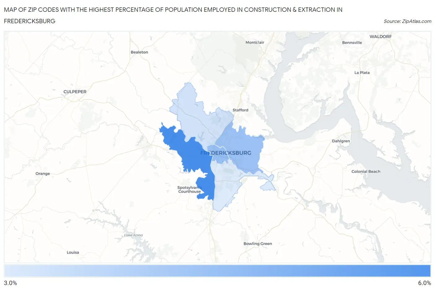 Zip Codes with the Highest Percentage of Population Employed in Construction & Extraction in Fredericksburg Map