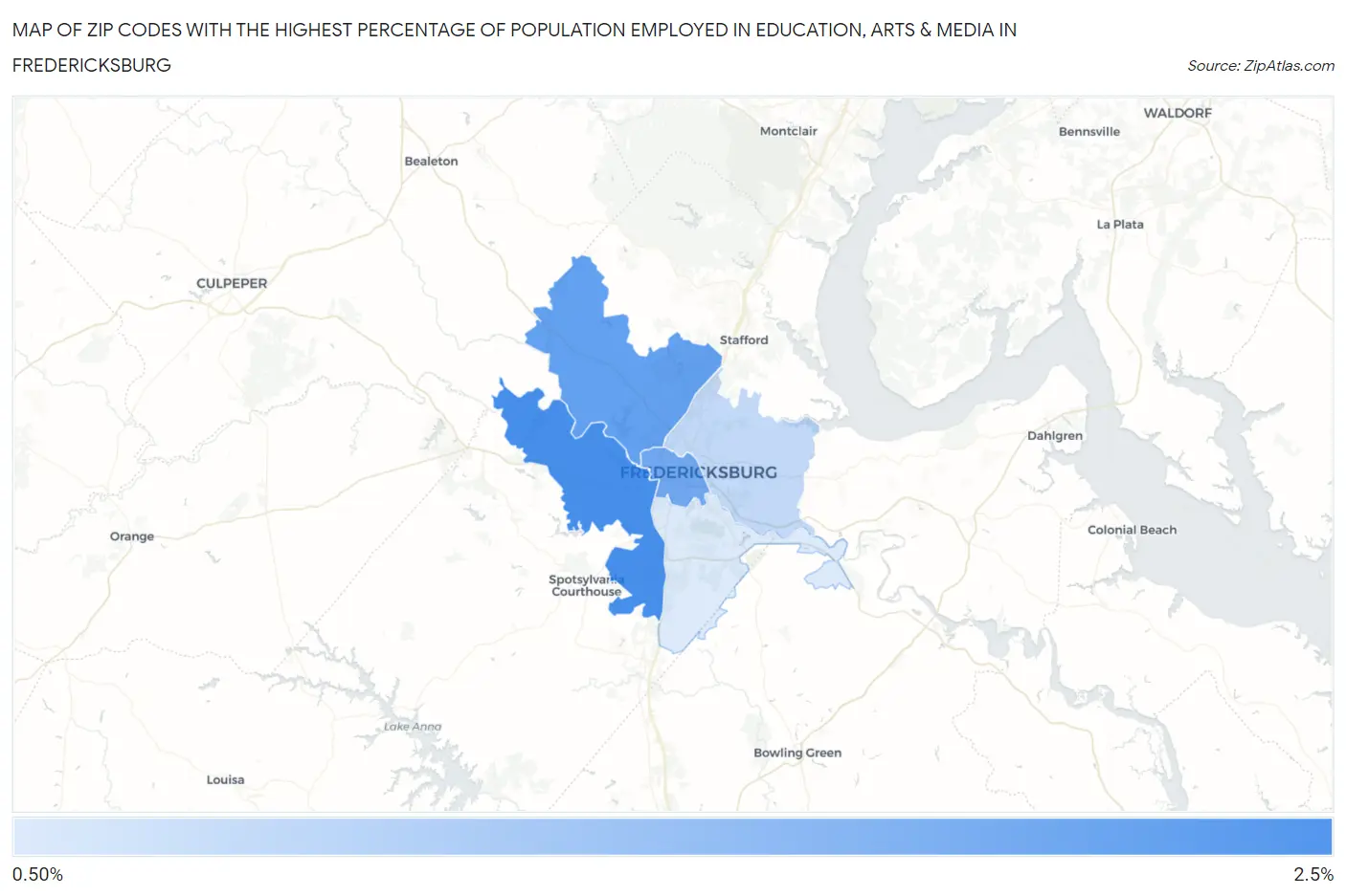 Zip Codes with the Highest Percentage of Population Employed in Education, Arts & Media in Fredericksburg Map