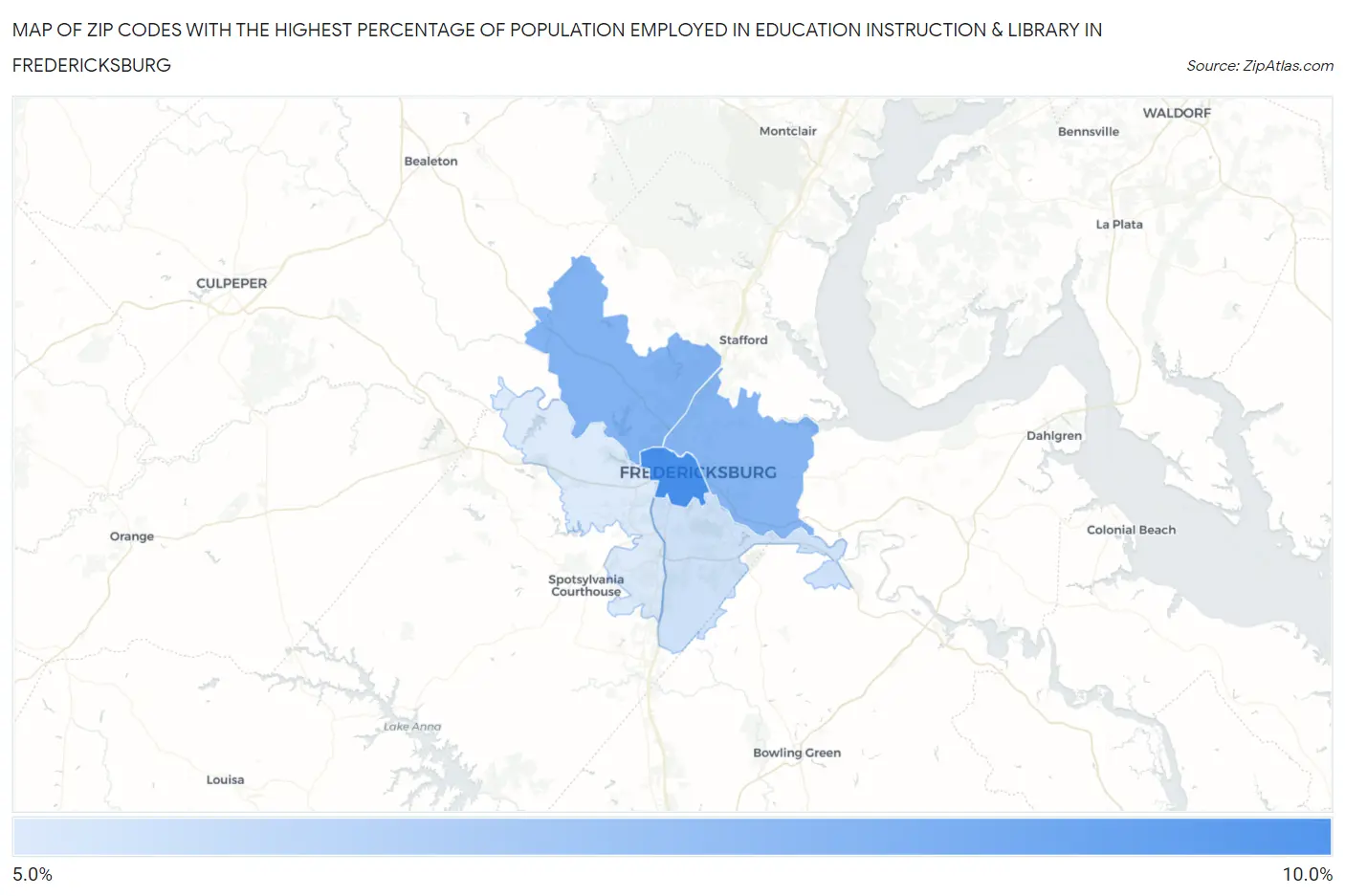 Zip Codes with the Highest Percentage of Population Employed in Education Instruction & Library in Fredericksburg Map