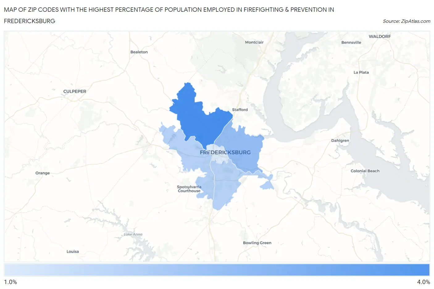 Zip Codes with the Highest Percentage of Population Employed in Firefighting & Prevention in Fredericksburg Map