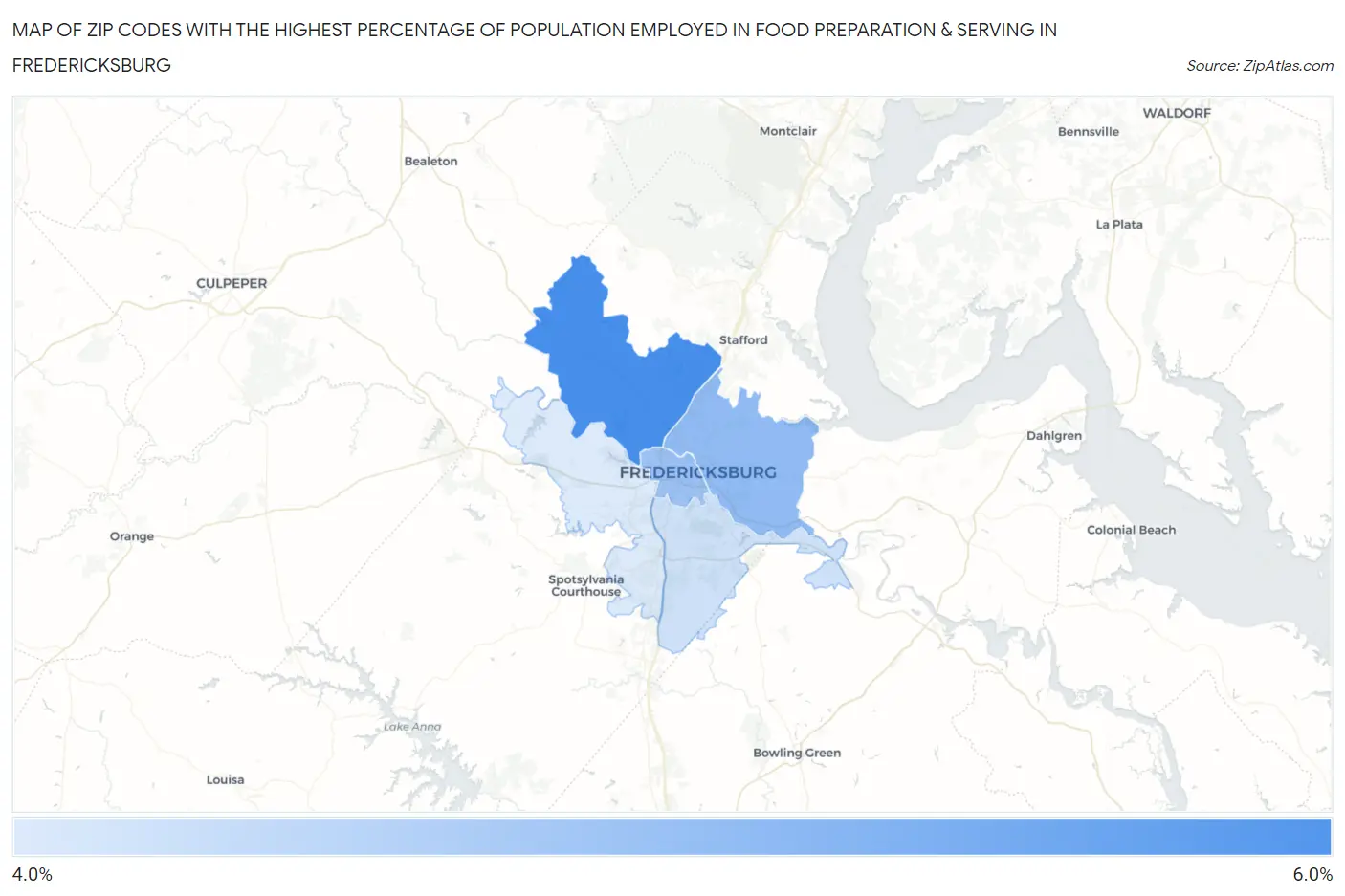 Zip Codes with the Highest Percentage of Population Employed in Food Preparation & Serving in Fredericksburg Map