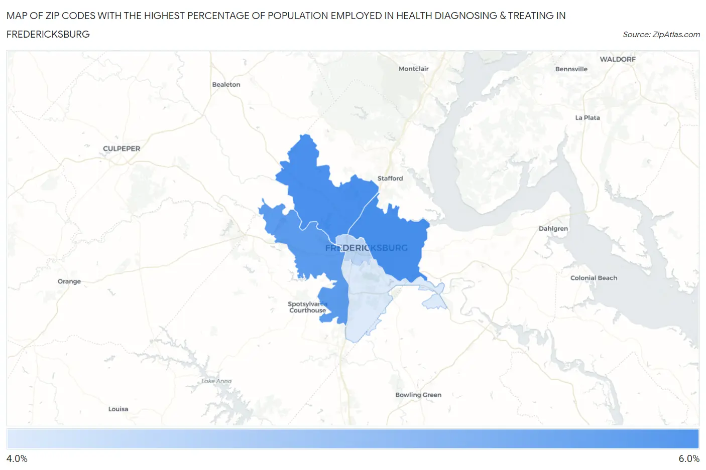 Zip Codes with the Highest Percentage of Population Employed in Health Diagnosing & Treating in Fredericksburg Map