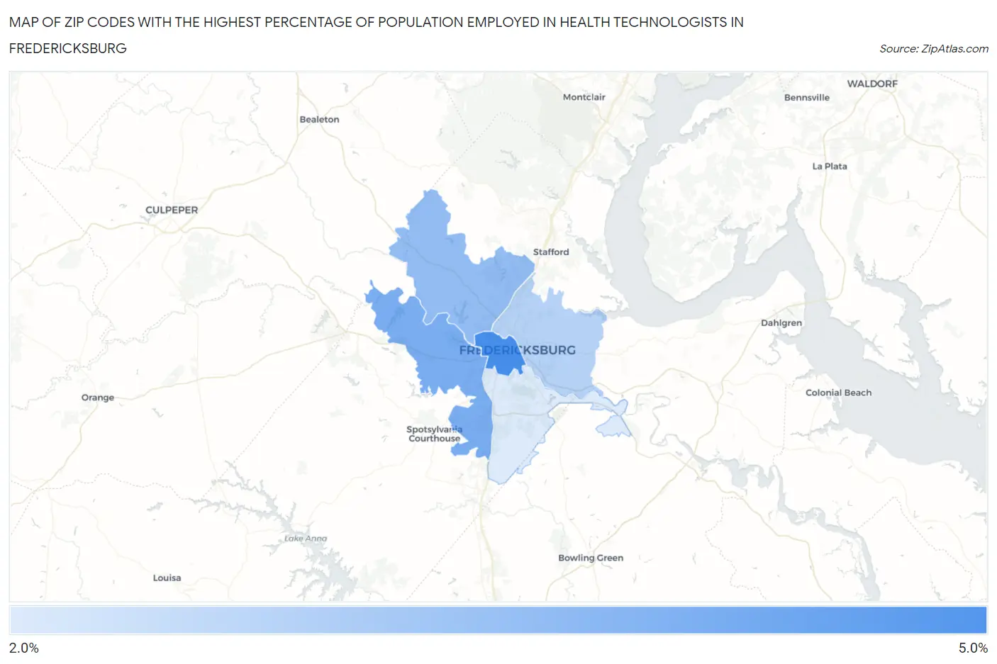 Zip Codes with the Highest Percentage of Population Employed in Health Technologists in Fredericksburg Map