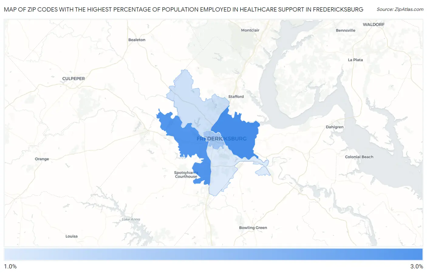Zip Codes with the Highest Percentage of Population Employed in Healthcare Support in Fredericksburg Map
