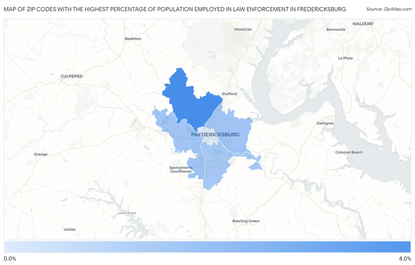 Zip Codes with the Highest Percentage of Population Employed in Law Enforcement in Fredericksburg Map