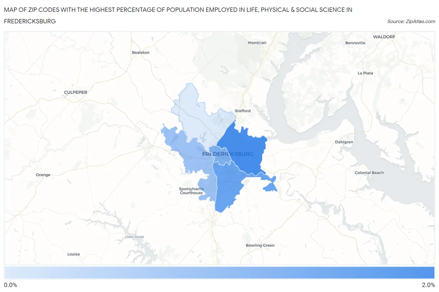 Zip Codes with the Highest Percentage of Population Employed in Life, Physical & Social Science in Fredericksburg Map