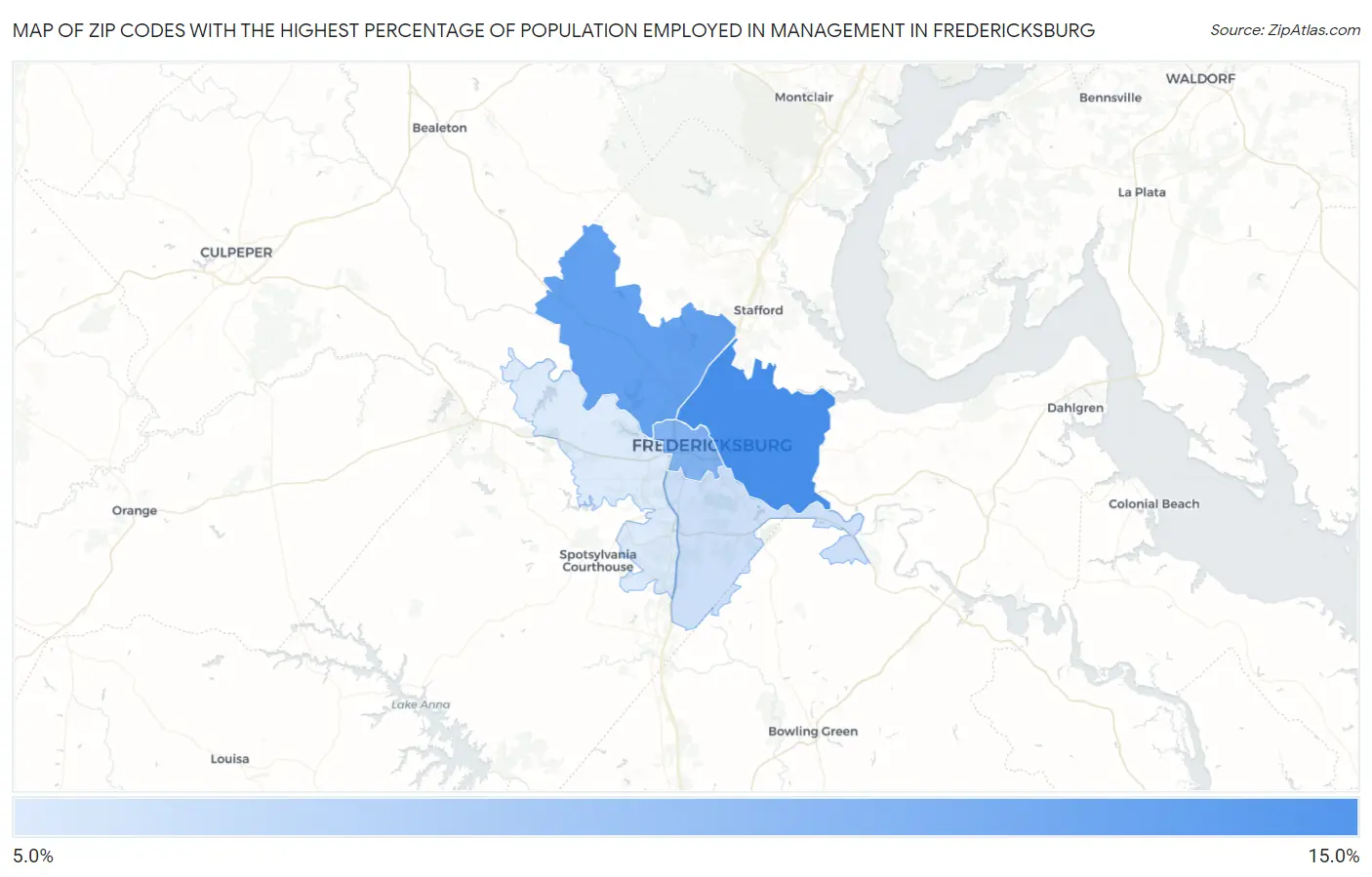 Zip Codes with the Highest Percentage of Population Employed in Management in Fredericksburg Map