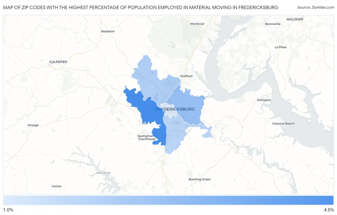 Zip Codes with the Highest Percentage of Population Employed in Material Moving in Fredericksburg Map